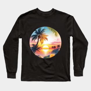 Serenity's Embrace: A Photorealistic Masterpiece of a Majestic Palm Tree and Flowers at Sunset Long Sleeve T-Shirt